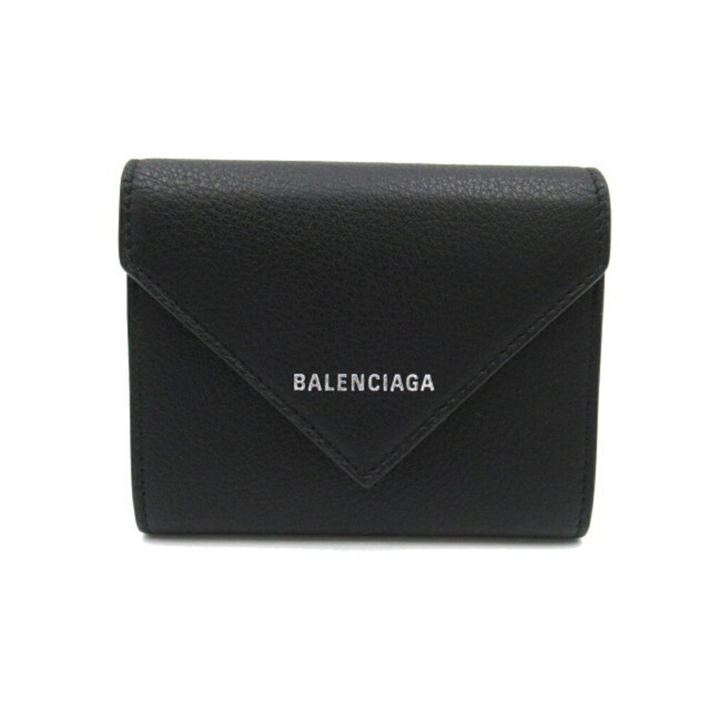 Balenciaga PAPIER Compact Tri fold Wallet Calfskin Leather Black
